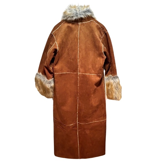 Faux Suede Duster Jacket with Faux Shearling Lining and Faux Fur Detail, Size L - Picture 2 of 8